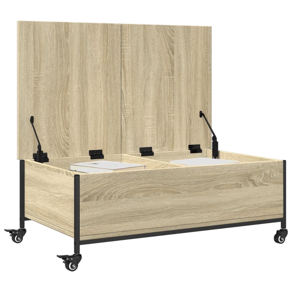 sofabord med hjul 91x55x34 cm konstrueret træ sonoma-eg