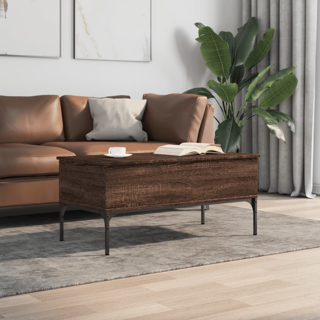 sofabord 100x50x45 cm konstrueret træ og metal brunt egetræ