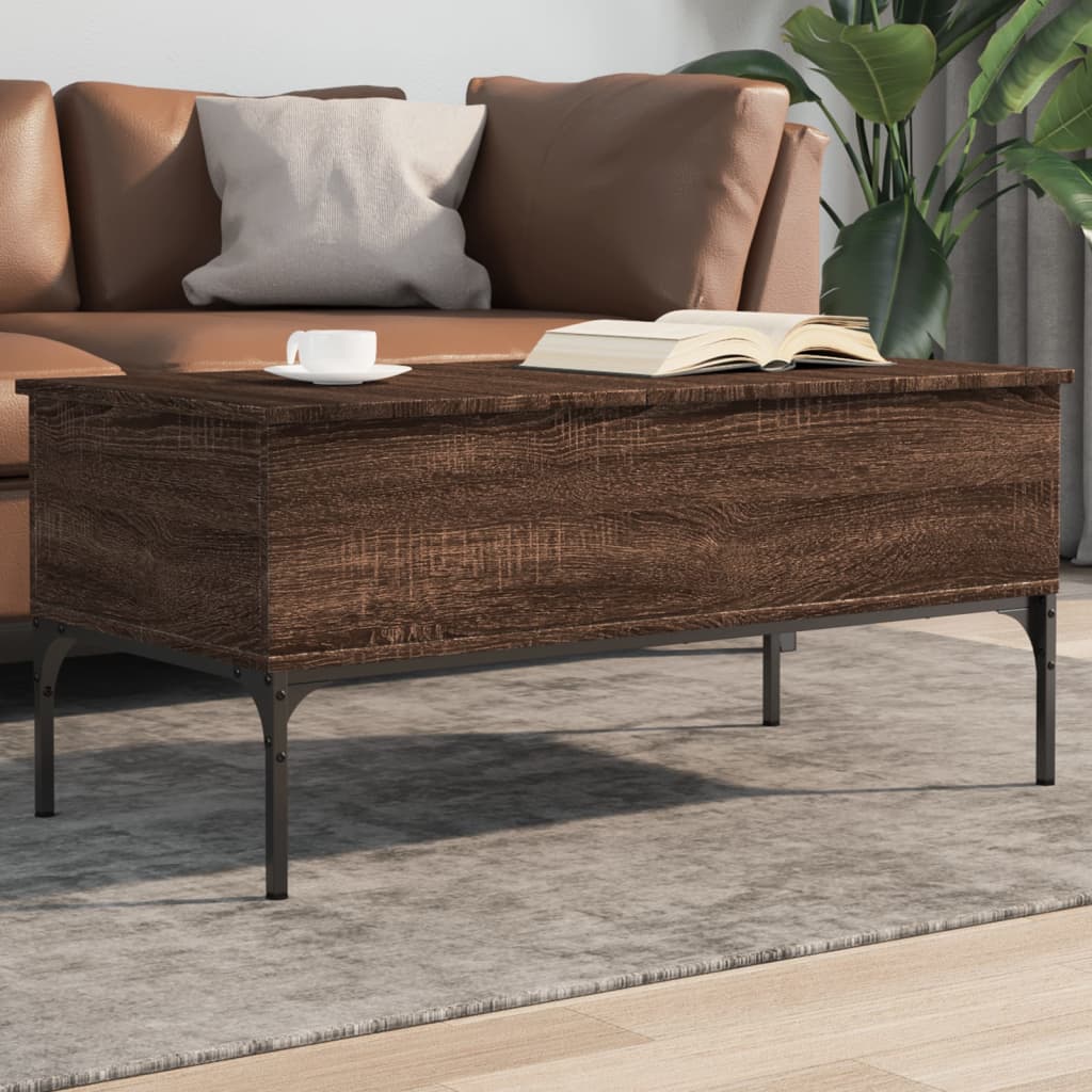 sofabord 100x50x45 cm konstrueret træ og metal brunt egetræ