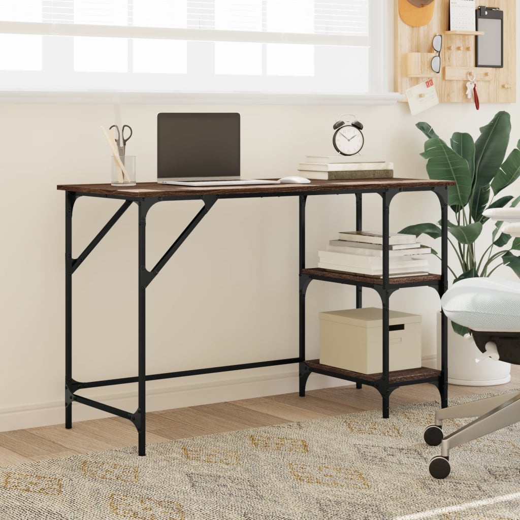 skrivebord 120x50x75 cm metal og konstrueret træ brun eg