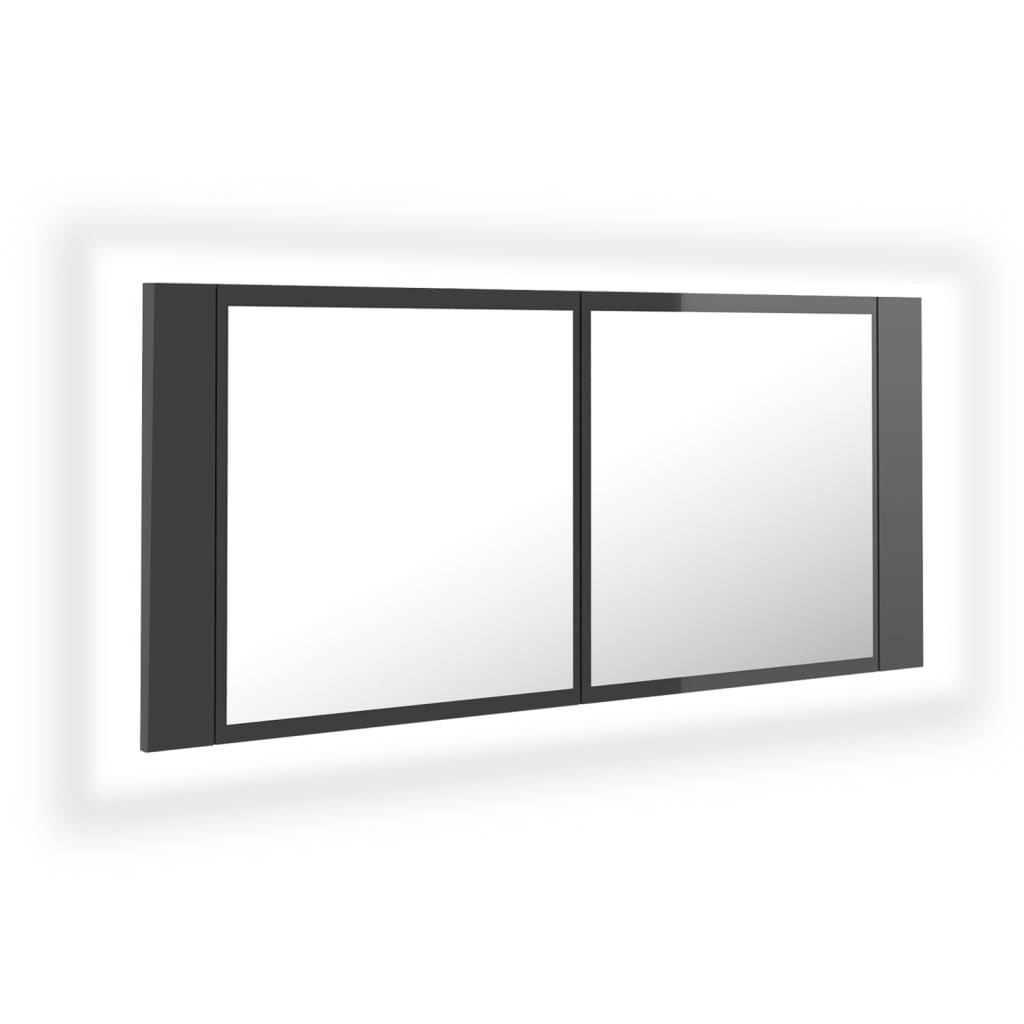 badeværelsesskab m. spejl+LED-lys 100x12x45 akryl grå højglans