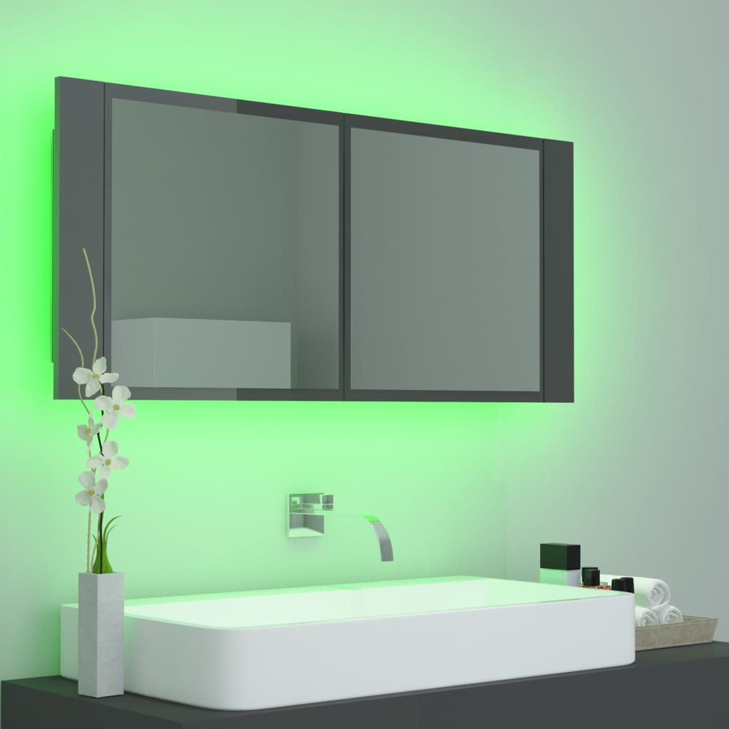 badeværelsesskab m. spejl+LED-lys 100x12x45 akryl grå højglans
