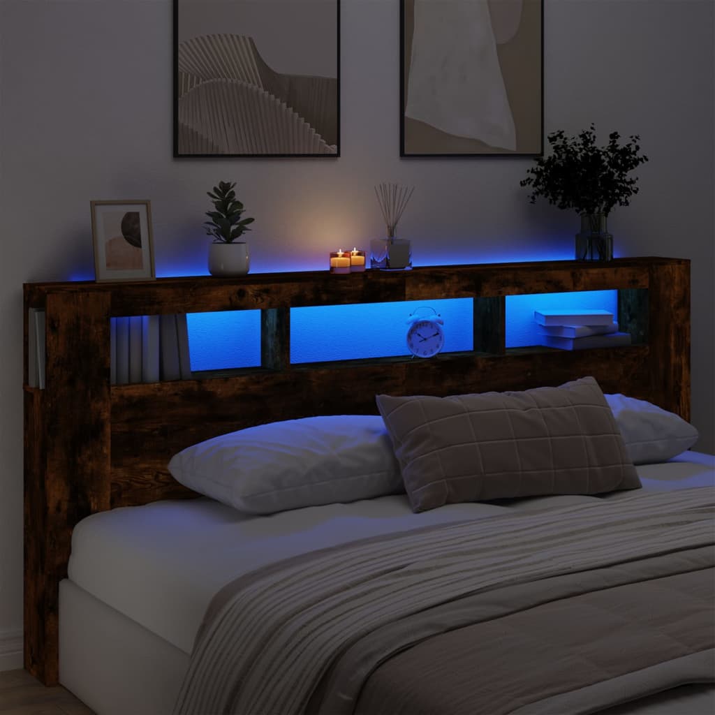 sengegavl med LED-lys 180x18,5x103,5 cm konstrueret træ hvid