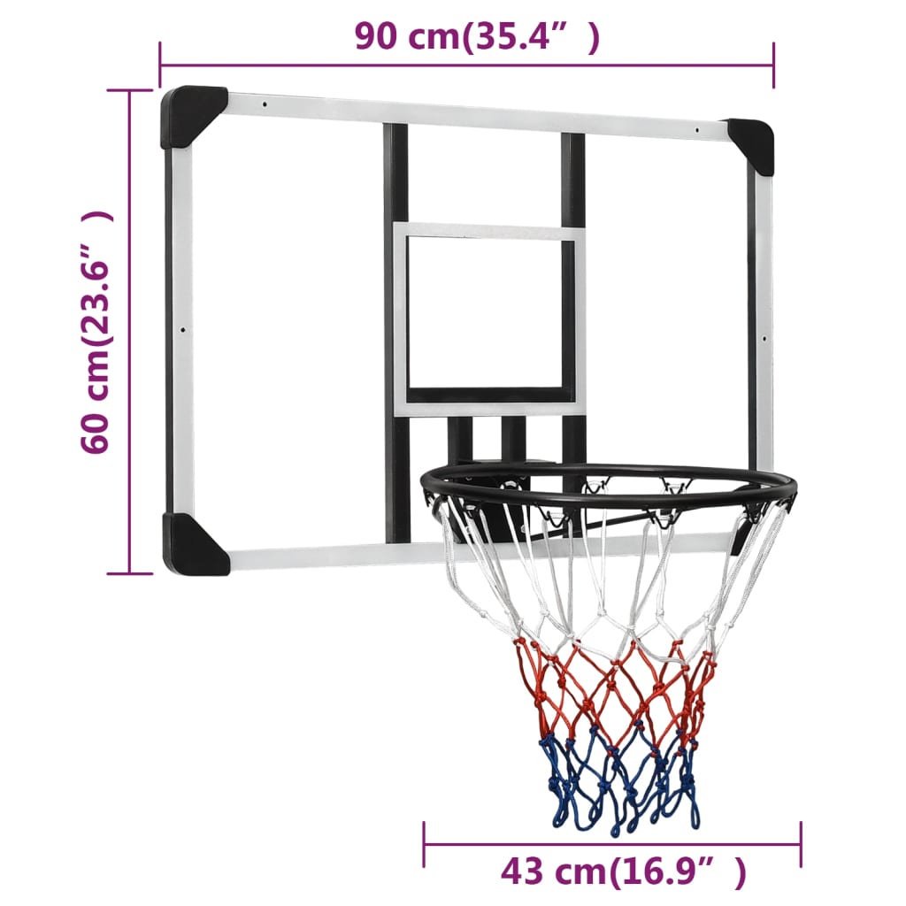 basketballkurv med plade 90x60x2,5 cm polycarbonat transparent
