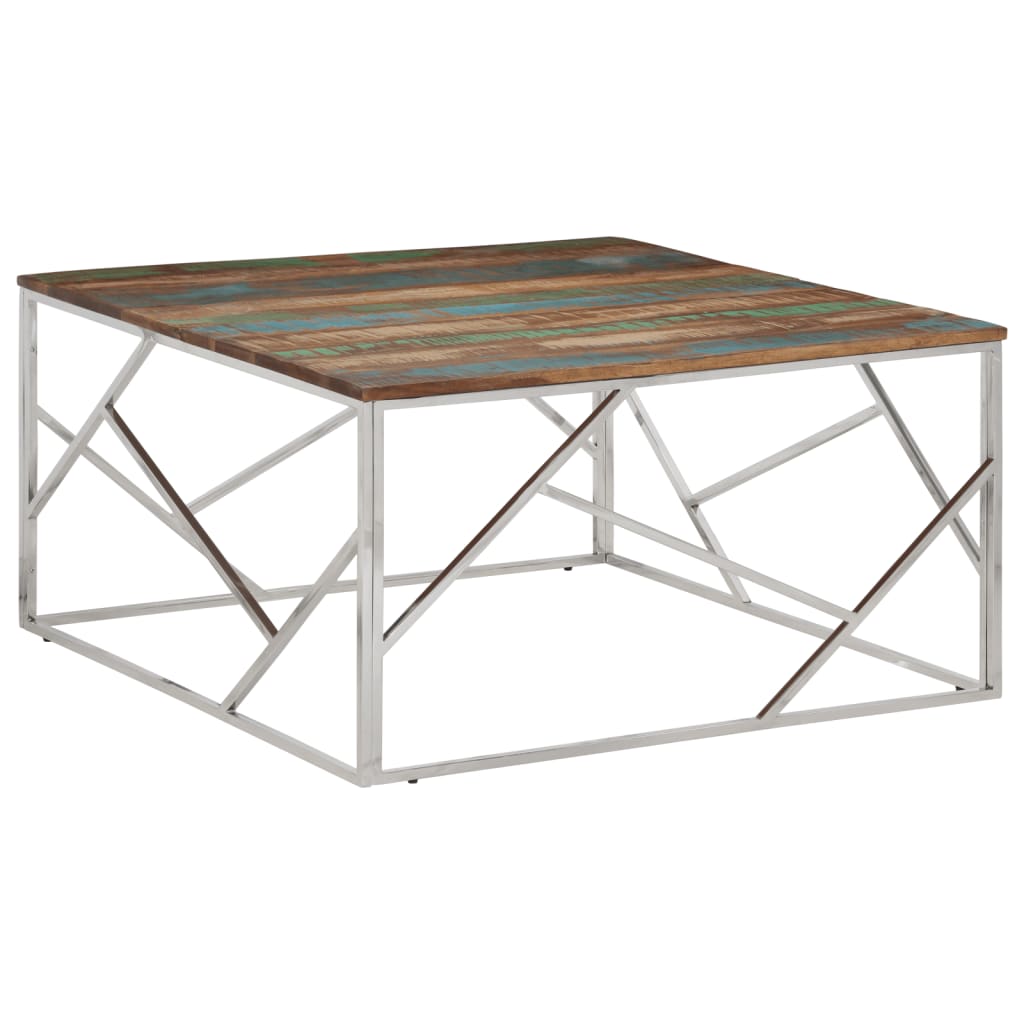 sofabord rustfrit stål og massivt genbrugstræ sølvfarvet
