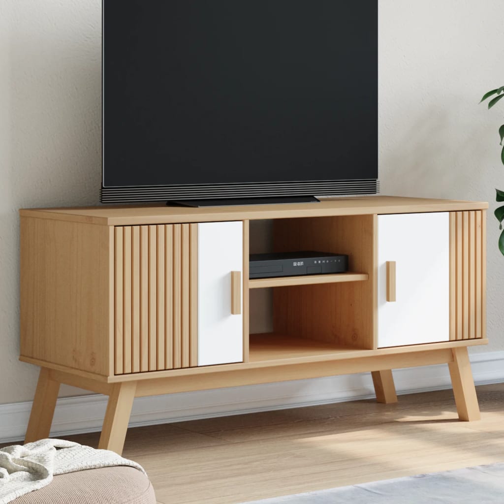 tv-bord OLDEN 114x43x57 cm massivt fyrretræ hvid og brun