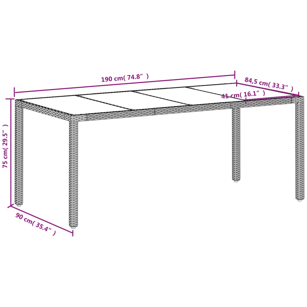havebord med glastop 190x90x75 cm polyrattan hvid
