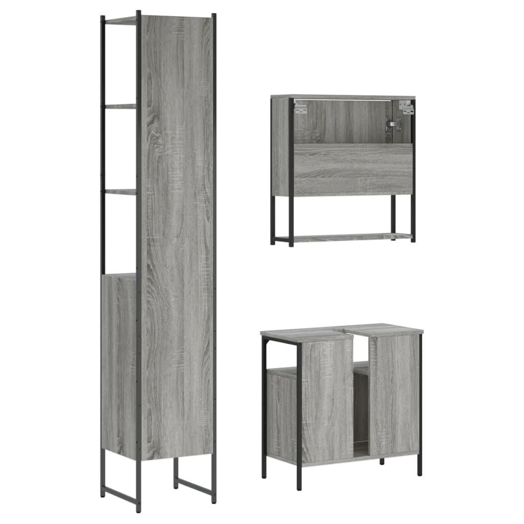 møbelsæt til badeværelse 3 dele konstrueret træ grå sonoma-eg
