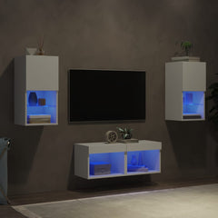 tv-møbel til væg med LED-lys 4 dele konstrueret træ hvid