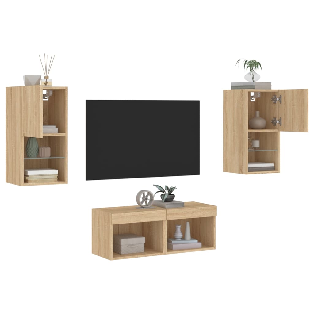 tv-møbel til væg med LED-lys 4 dele konstrueret træ hvid
