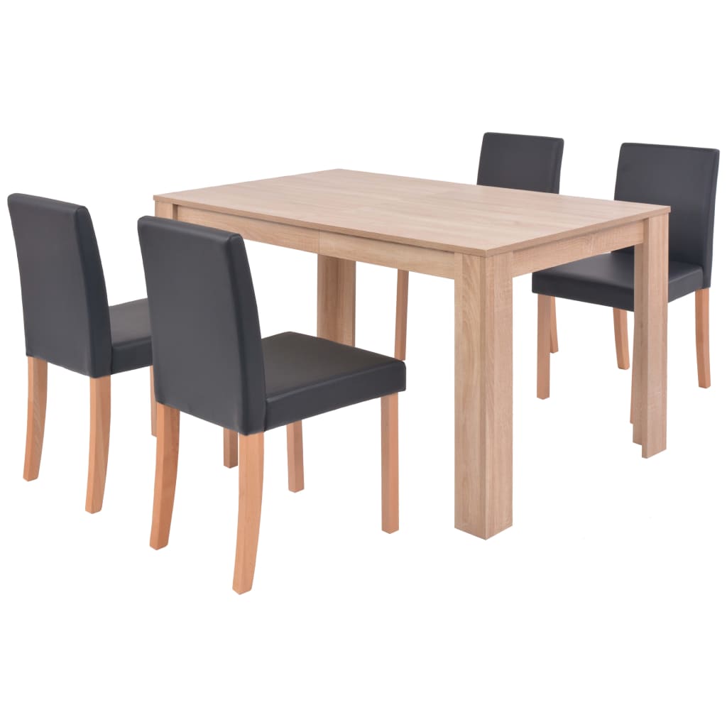 spisebord og -stole 5 dele kunstlæder egetræ sort