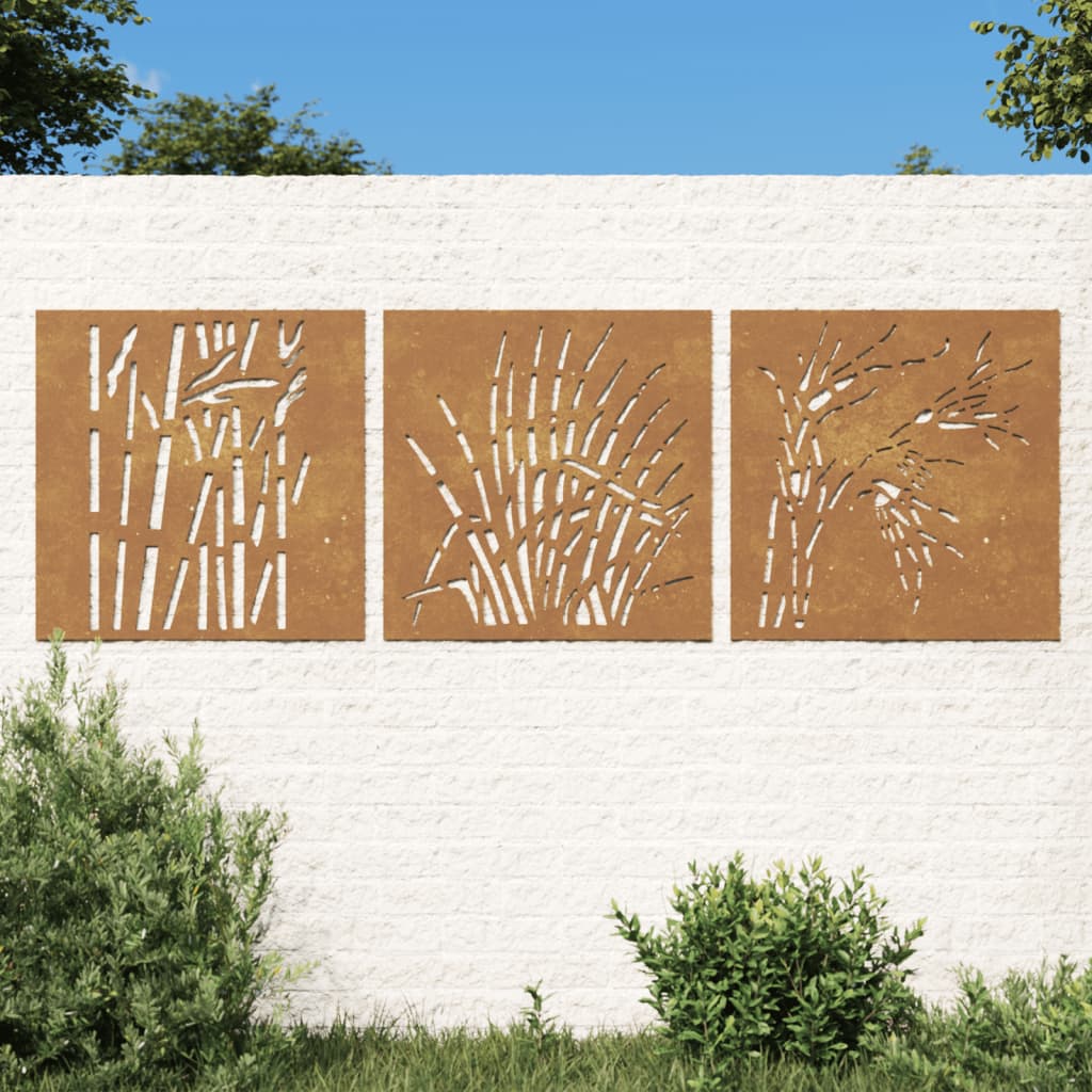 udendørs vægdekoration 3 dele 55x55 cm græsdesign cortenstål