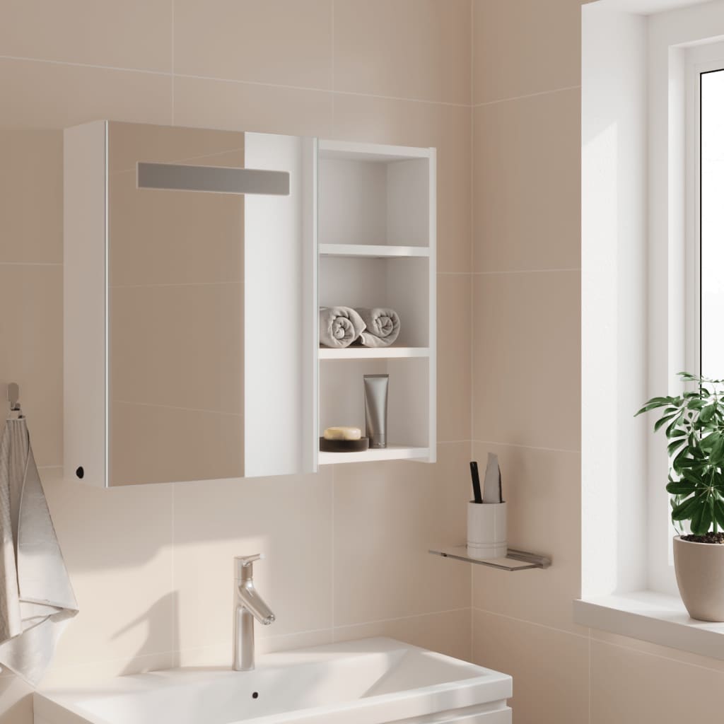 badeværelsesskab med spejl og LED-lys 45x13x52 hvid