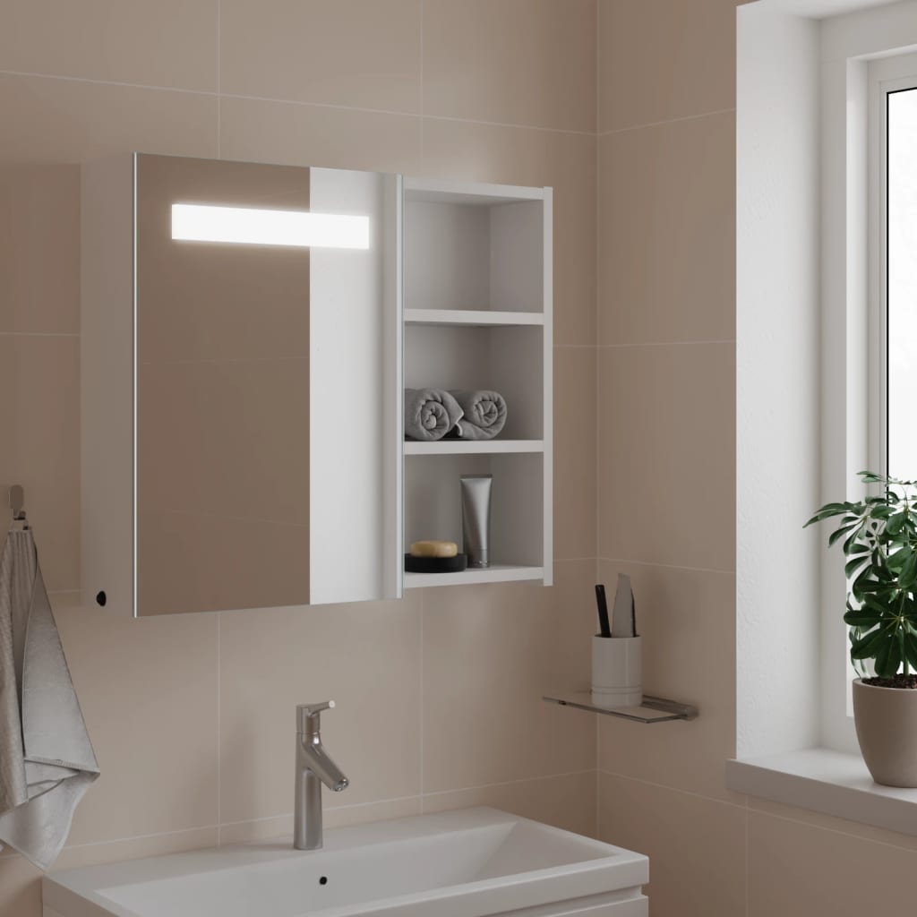 badeværelsesskab med spejl og LED-lys 45x13x52 hvid