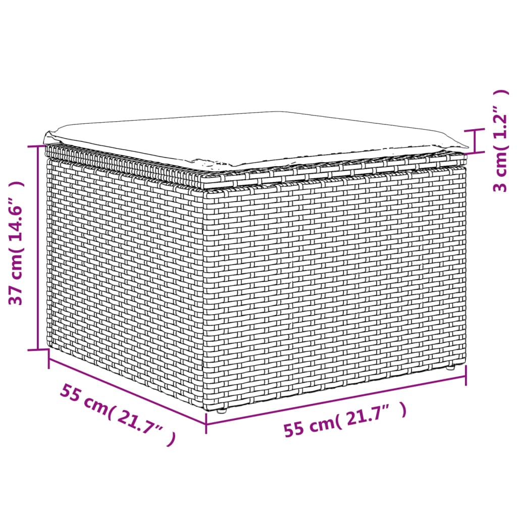 haveskammel med hynde 55x55x37 cm polyrattan grå