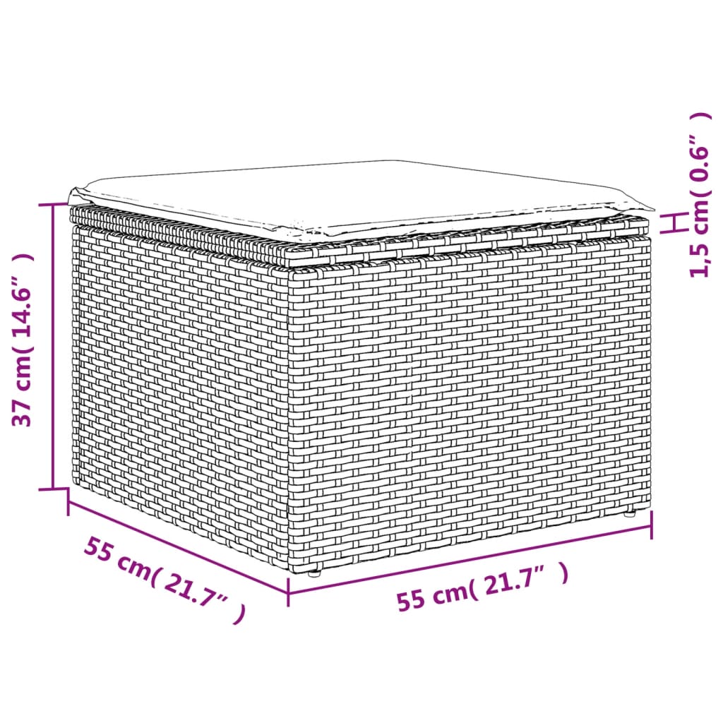 haveskammel med hynde 55x55x37 cm polyrattan grå