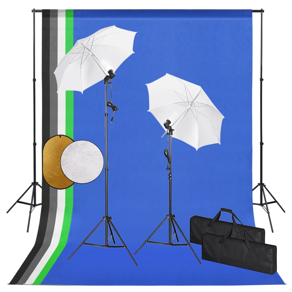 fotostudieudstyr med lamper, paraplyer, baggrund og reflektor