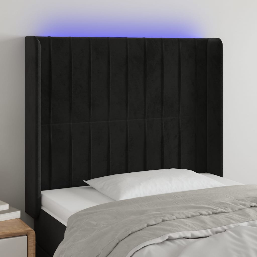 sengegavl med LED-lys 147x16x78/88 cm fløjl mørkegrå