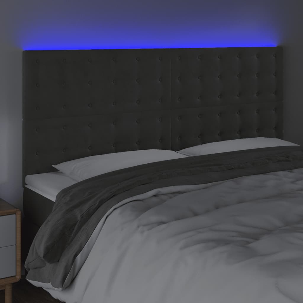 sengegavl med LED-lys 200x5x118/128 cm fløjl mørkegrå