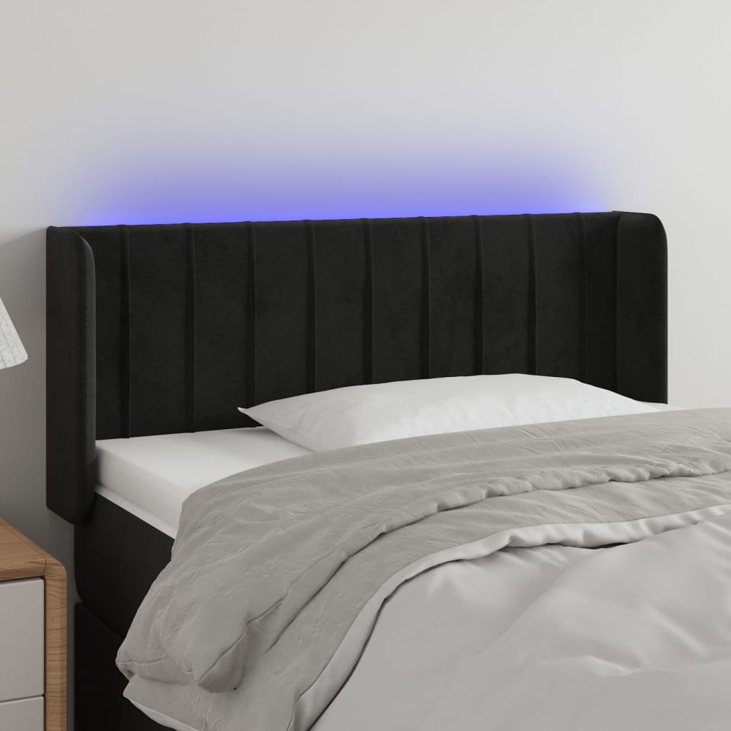 sengegavl med LED-lys 147x16x78/88 cm fløjl mørkegrå