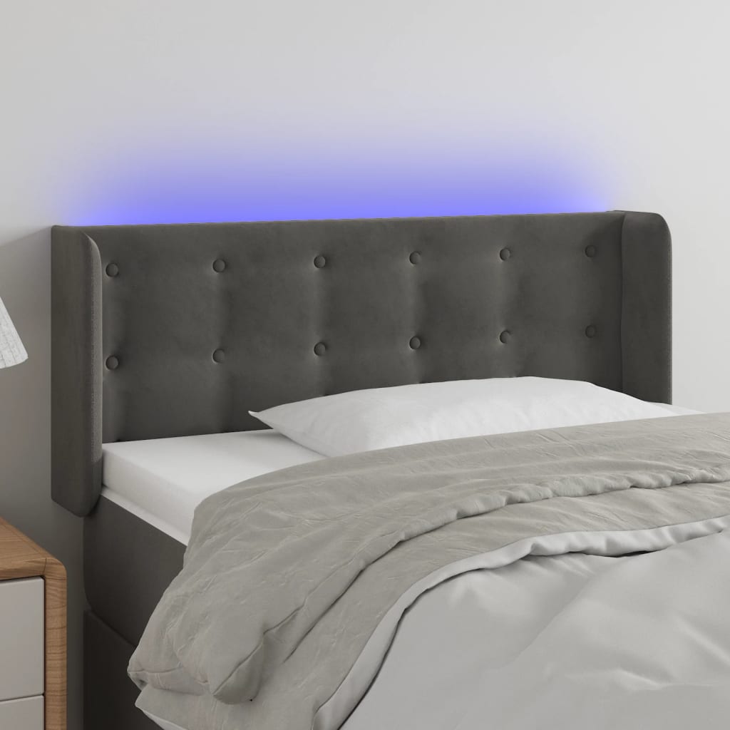 sengegavl med LED-lys 103x16x118/128 cm fløjl lysegrå