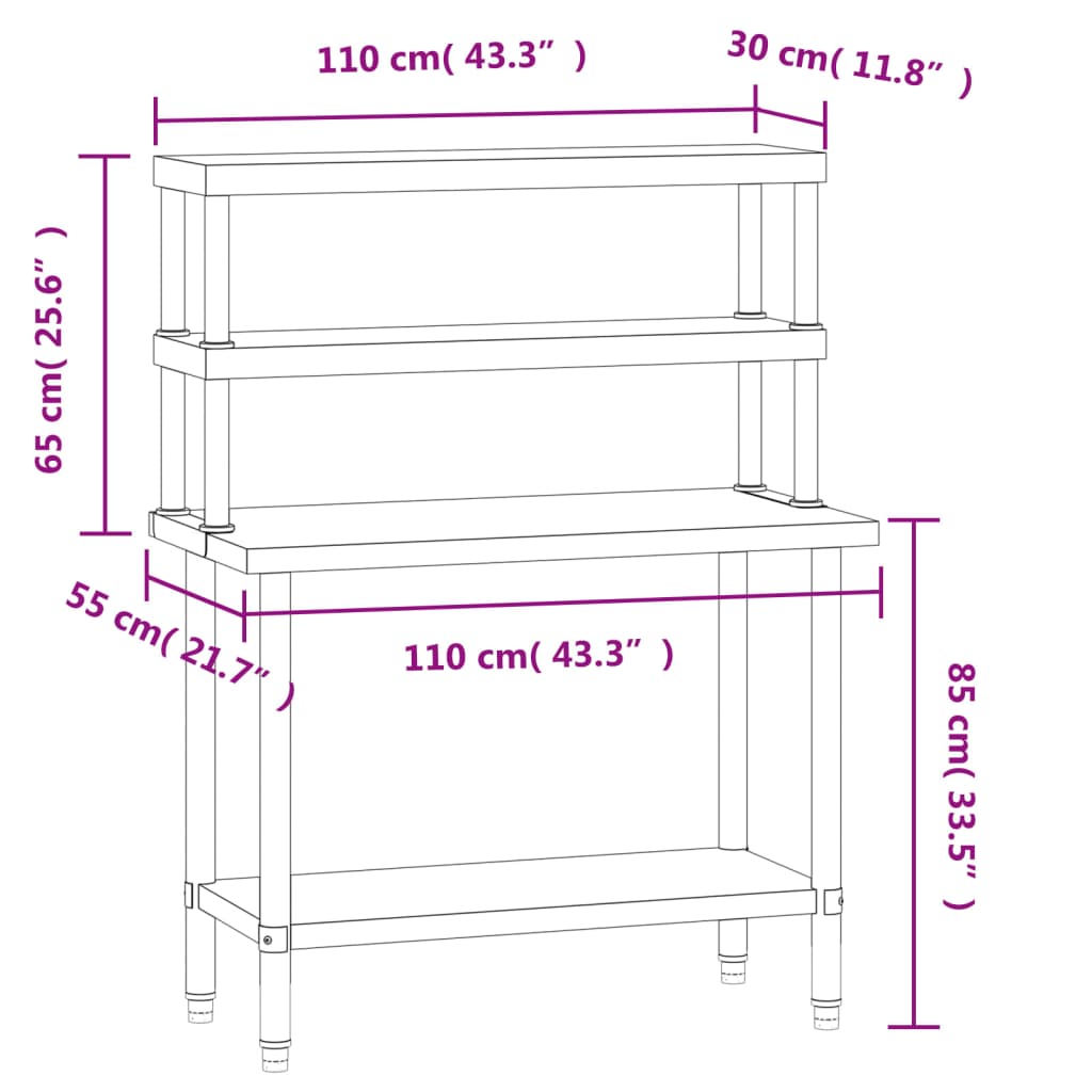 køkkenbord med tophylde 110x55x150 cm rustfrit stål