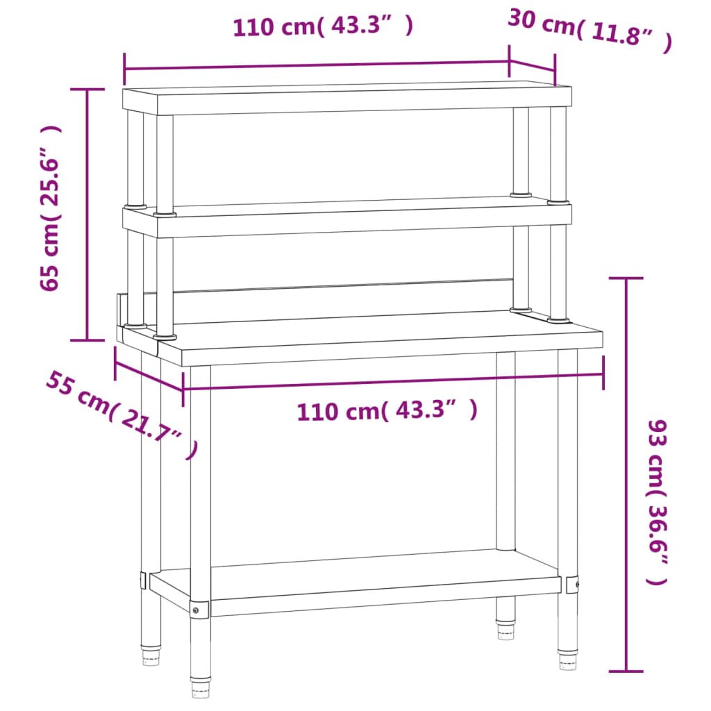 køkkenbord med tophylde 110x55x150 cm rustfrit stål