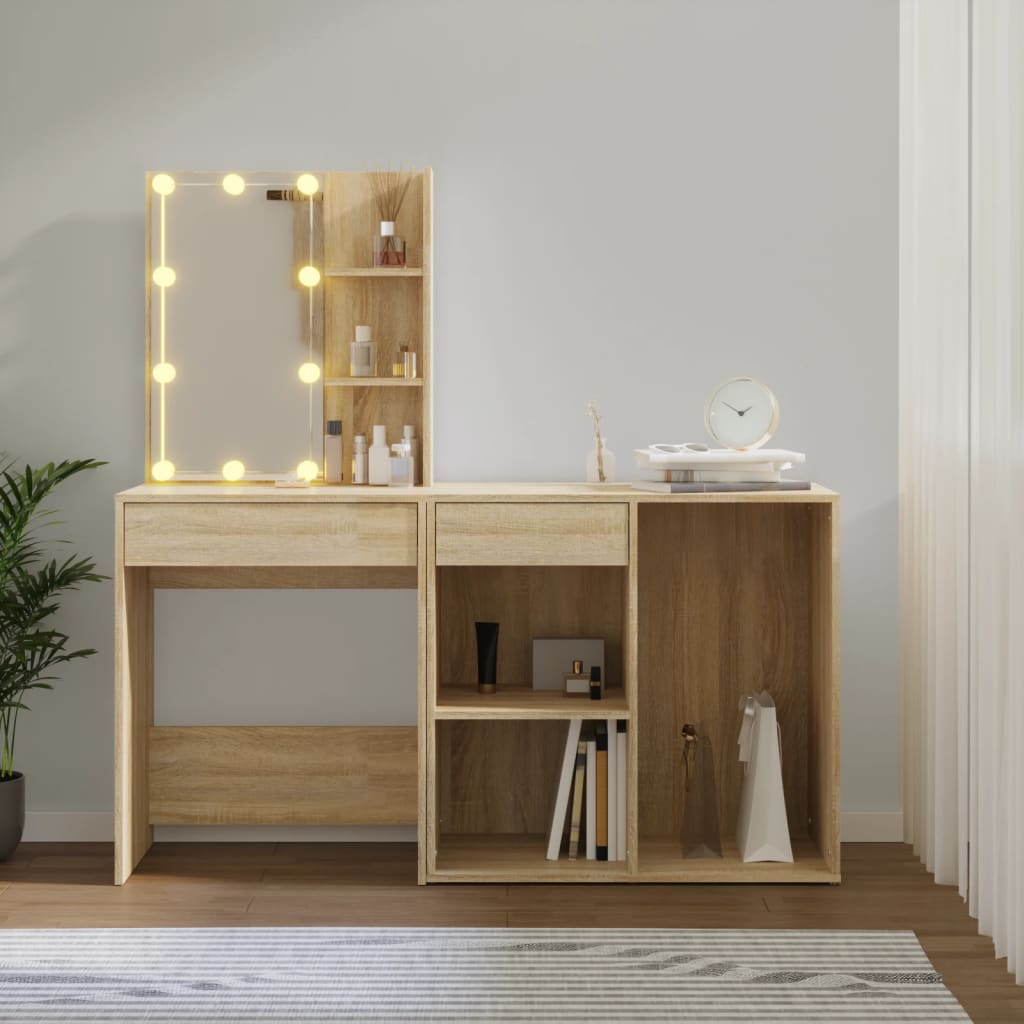makeupbord med LED-lys og skab konstrueret træ sonoma-eg