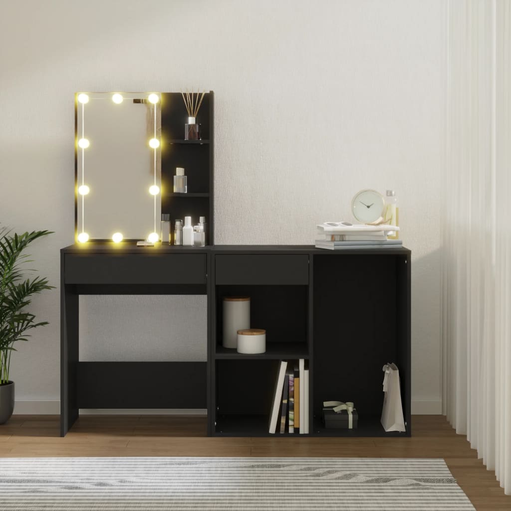 makeupbord med LED-lys og skab konstrueret træ sort