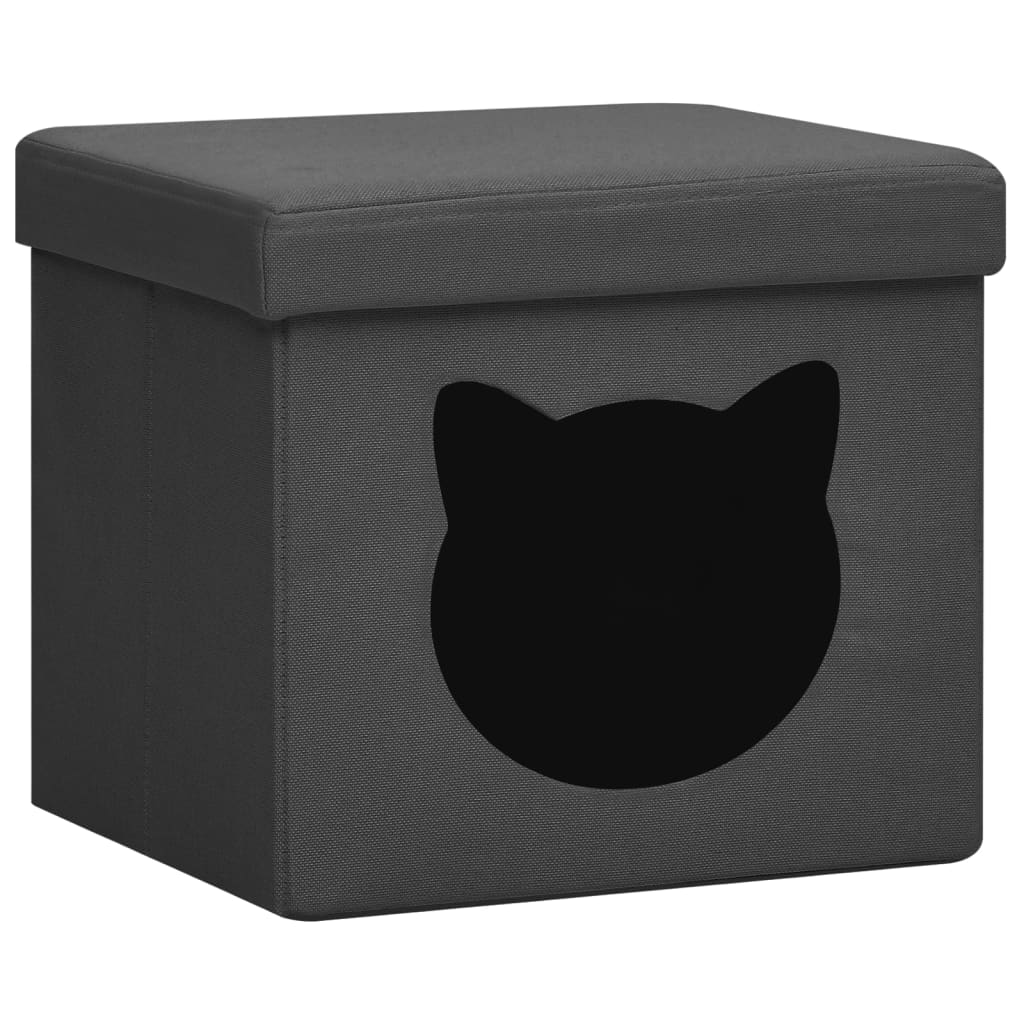 foldbar opbevaringspuf med kattemønster stof mørkegrå