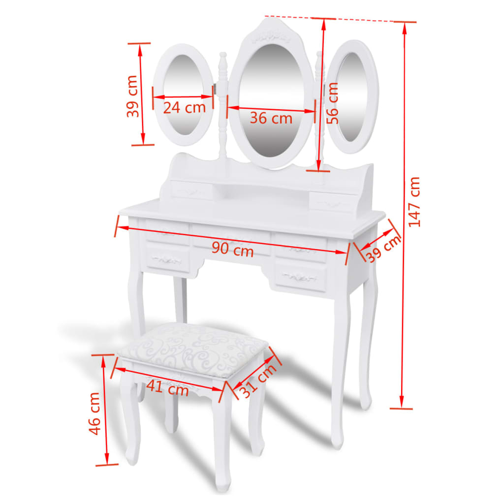 toiletbord med taburet og 3 spejle hvid