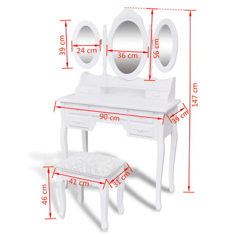 toiletbord med taburet og 3 spejle hvid