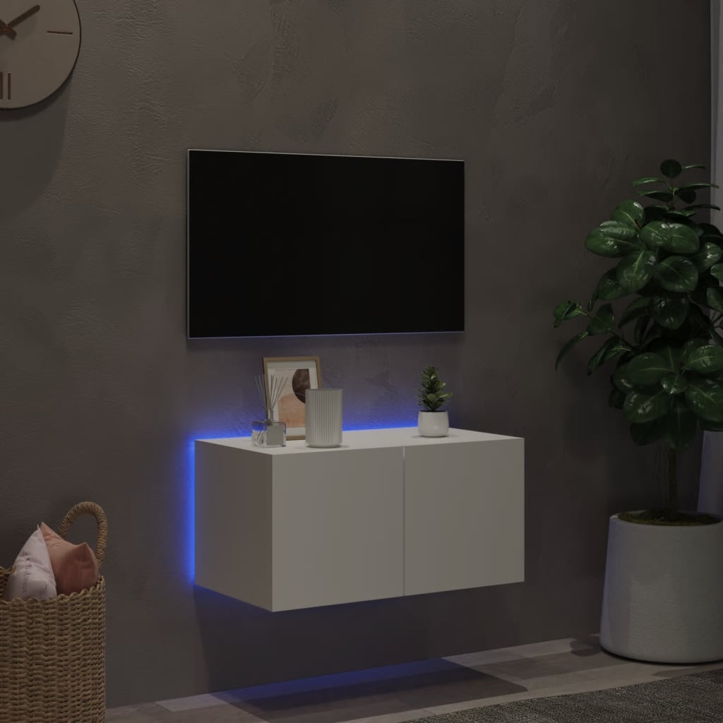 væghængt tv-bord med LED-lys 60x35x31 cm hvid