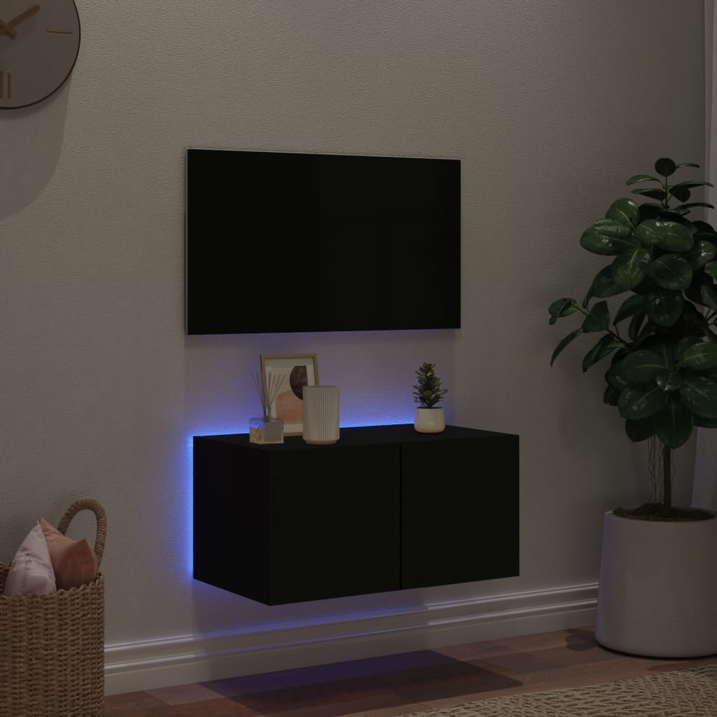 væghængt tv-bord med LED-lys 60x35x31 cm sort