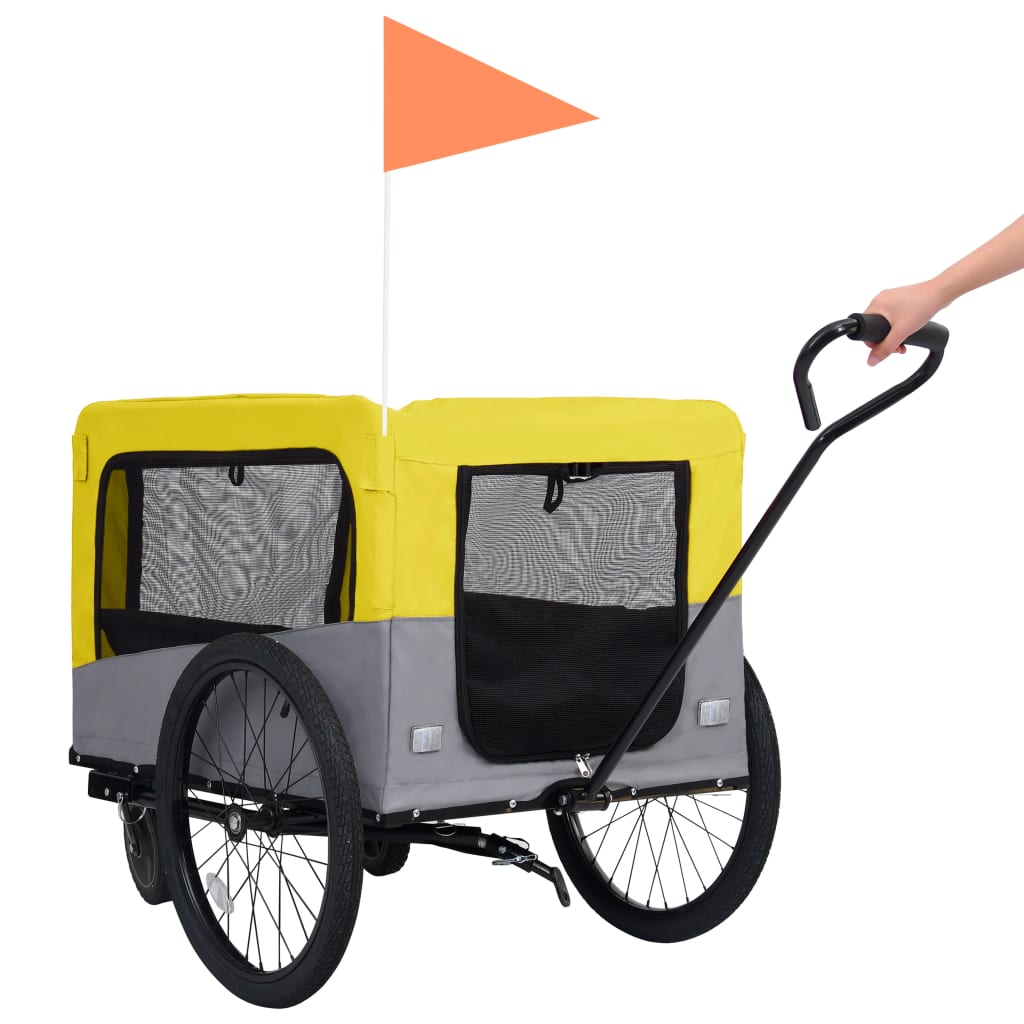 2-i-1 cykelanhænger og klapvogn til kæledyr gul grå